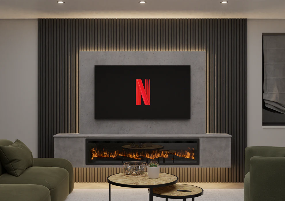 Acoustic Slat Media Wall with 40 or 60 inch Electric Fire