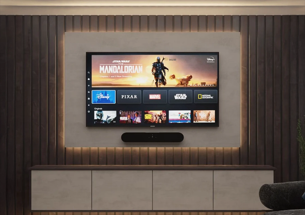 Acoustic Slat Media Wall with Floating Unit